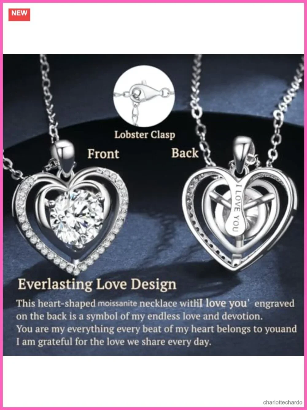 Heart Pendant Necklace Platinum Filled 925 Silver Moissanite I Love You